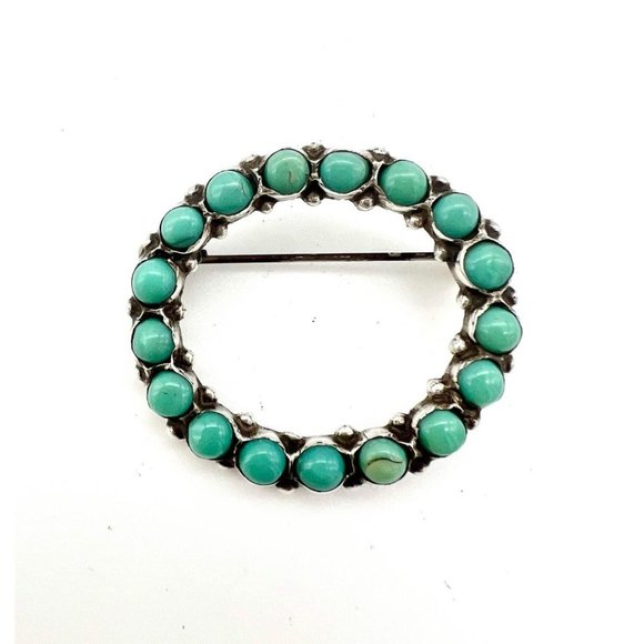 Jewelry Vintage Sterling Silver Turquoise Brooch Pin Open Oval Mexico
